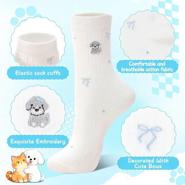 Alt view image 3 of 7 - 5/6 Pairs Women Cute Dachshund Balloon Embroidery Cotton Socks | Kitten Embroidered Funny Novelty Splicing Socks Animal Crew Sock for Cats Lovers Gift