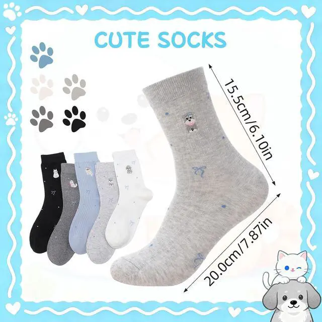 Alt view image 5 of 7 - 5/6 Pairs Women Cute Dachshund Balloon Embroidery Cotton Socks | Kitten Embroidered Funny Novelty Splicing Socks Animal Crew Sock for Cats Lovers Gift