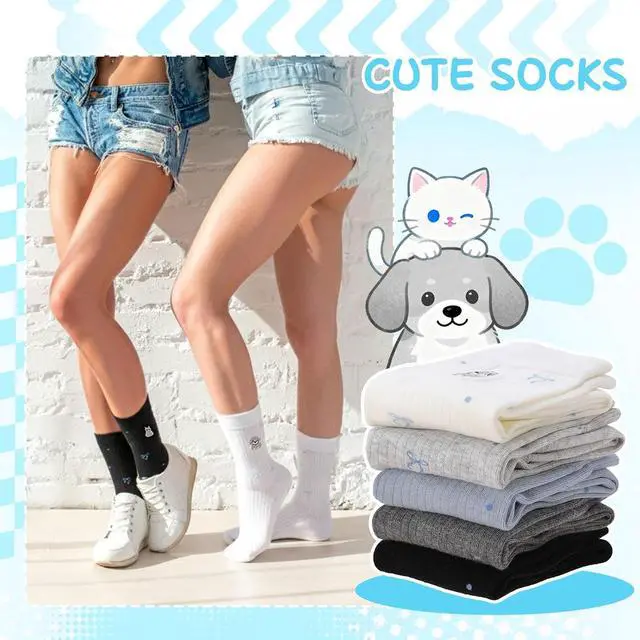 Alt view image 6 of 7 - 5/6 Pairs Women Cute Dachshund Balloon Embroidery Cotton Socks | Kitten Embroidered Funny Novelty Splicing Socks Animal Crew Sock for Cats Lovers Gift
