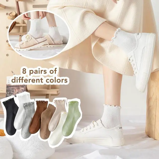 Alt view image 7 of 7 - 3/8 Pairs Frilly Socks Women,Ruffle Socks for Girl Women,Cute Ankle Socks for Women,Comfort Breathable One Size 5-9