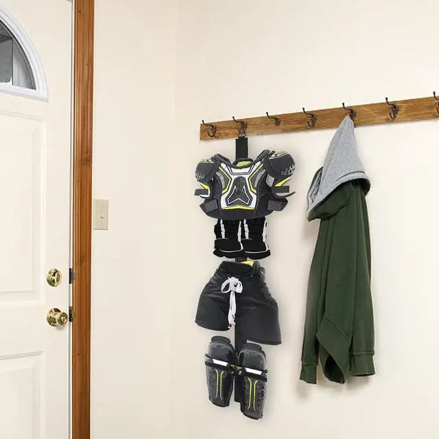 Alt view image 5 of 7 - Hockey Hanger Portable Hanging Dryig Rack Hockey Gifts for Home and Outdoor Using in Ice Hockey Skating Football Camping Fishing 5 Hooks (Black)
