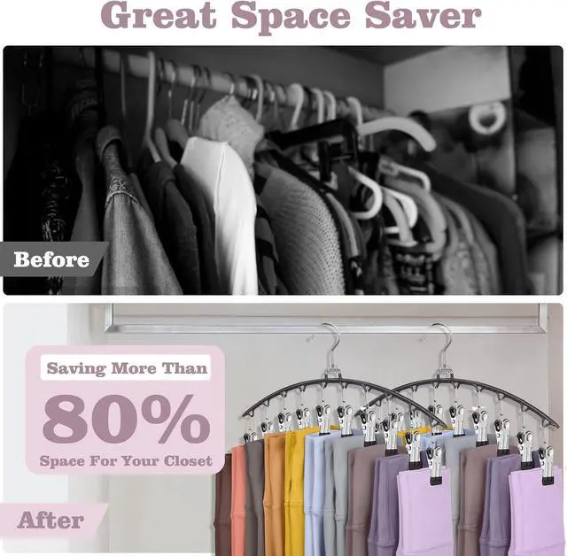 Alt view image 2 of 7 - Legging Organizer for Closet 360° Swivel, Metal Yoga Pants Hanger 2 Pack w/10 Clips Holds 20 Leggings, Space Saving Hanger Closet Organizers and Storage, Pants Hangers for Pants, Skirts, Hats (Black)