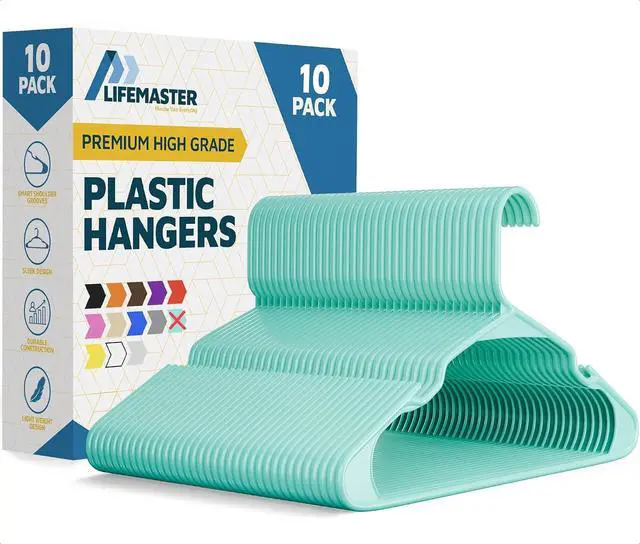 Main image of Lifemaster Plastic Clothes Hangers Heavy Duty Hanger Set, for Organizing Clothes, Dresses, and Coat, Holds Up to 5 lbs, Space-Saving Hangers with Non-Slip Shoulder Grooves, Pack of 10, Aqua