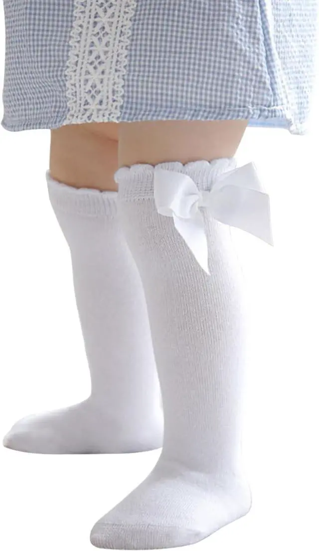 Main image of Zando Baby Knee High Socks With Bow Toddler Long Socks Girls Stockings 0-4T | Soft Cotton Seamless Stockings for Newborn Infant Girls, Stretchy Cute Ruffle Cuff, Durable for Everyday Church Dress Wear