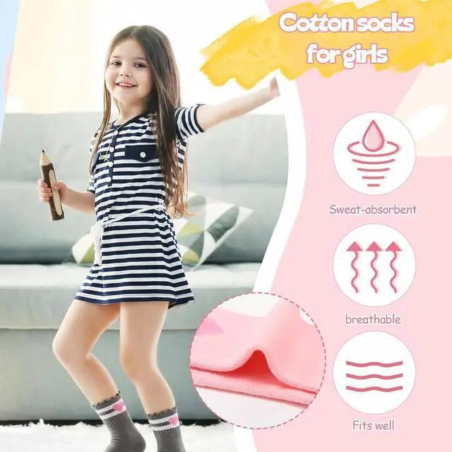 Alt view image 2 of 7 - Kids Girls Crew Socks Cotton Athletic Socks with Stripe Hearts | Soft Cotton Blend, Stretchy Cuff, Cute Heart Stripes Print, Multi Pack for School, Play, Casual Daily Wear