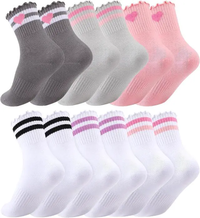 Main image of Kids Girls Crew Socks Cotton Athletic Socks with Stripe Hearts | Soft Cotton Blend, Stretchy Cuff, Cute Heart Stripes Print, Multi Pack for School, Play, Casual Daily Wear