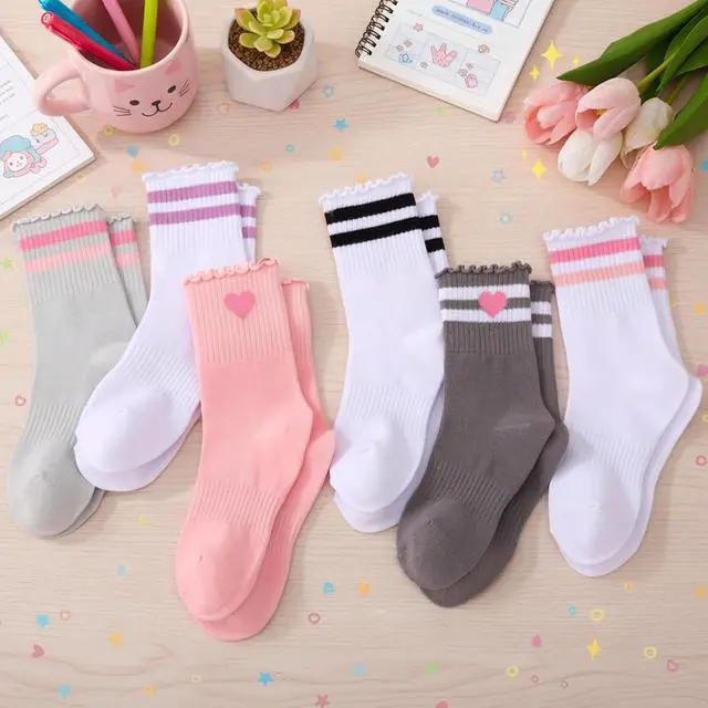 Alt view image 5 of 7 - Kids Girls Crew Socks Cotton Athletic Socks with Stripe Hearts | Soft Cotton Blend, Stretchy Cuff, Cute Heart Stripes Print, Multi Pack for School, Play, Casual Daily Wear