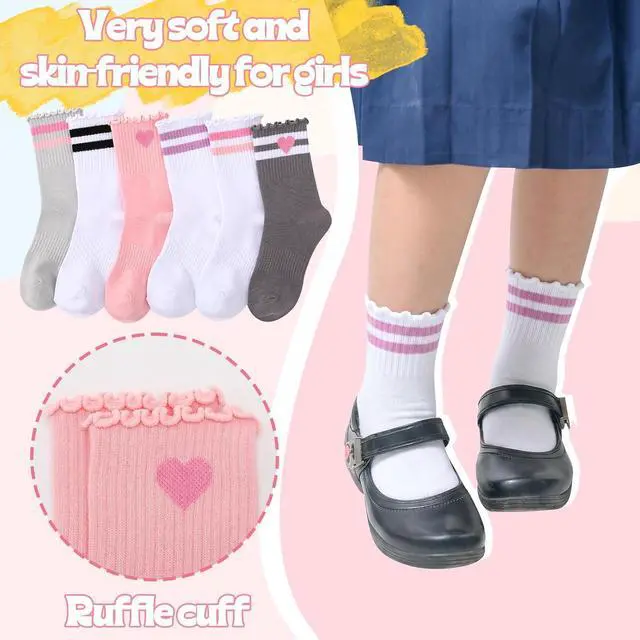 Alt view image 4 of 7 - Kids Girls Crew Socks Cotton Athletic Socks with Stripe Hearts | Soft Cotton Blend, Stretchy Cuff, Cute Heart Stripes Print, Multi Pack for School, Play, Casual Daily Wear