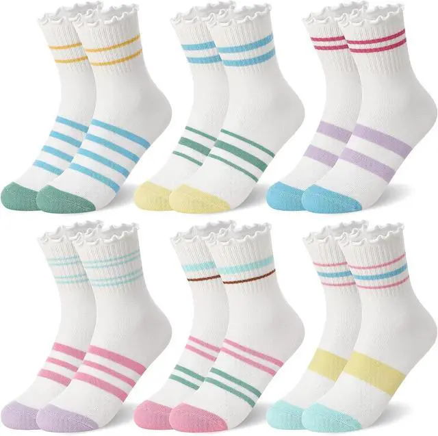 Main image of 6 Pairs Girls Ruffle Crew Socks Cute Cotton Frilly Socks | Soft Socks with Elastic Cuffs for School 3-12 Y
