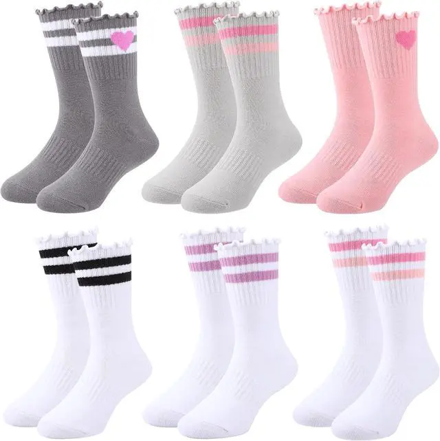 Alt view image 7 of 7 - Kids Girls Crew Socks Cotton Athletic Socks with Stripe Hearts | Soft Cotton Blend, Stretchy Cuff, Cute Heart Stripes Print, Multi Pack for School, Play, Casual Daily Wear