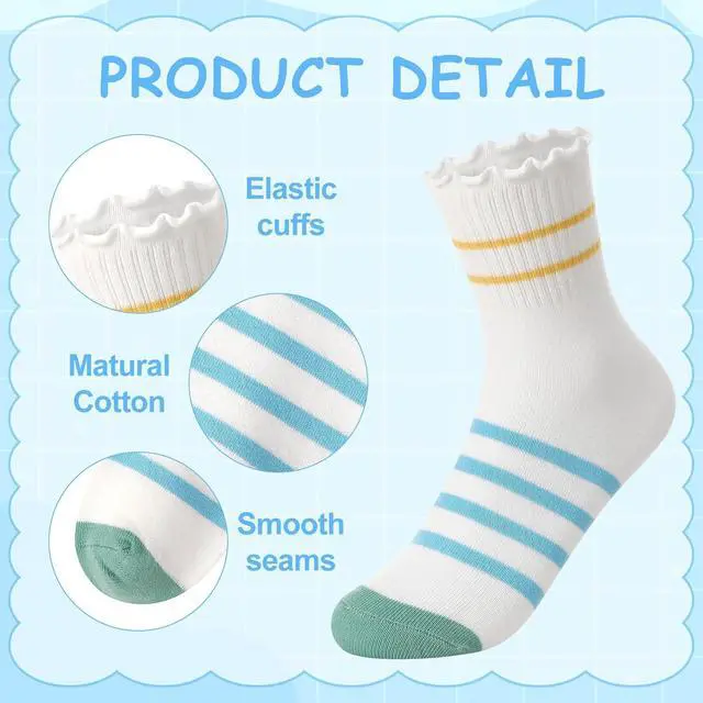 Alt view image 3 of 7 - 6 Pairs Girls Ruffle Crew Socks Cute Cotton Frilly Socks | Soft Socks with Elastic Cuffs for School 3-12 Y
