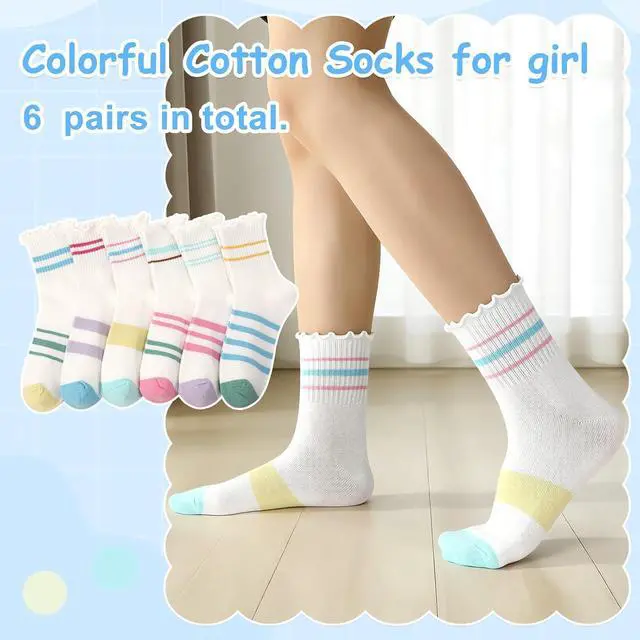 Alt view image 6 of 7 - 6 Pairs Girls Ruffle Crew Socks Cute Cotton Frilly Socks | Soft Socks with Elastic Cuffs for School 3-12 Y