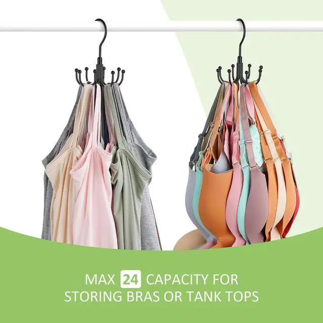 Alt view image 2 of 7 - Tank Top Hanger, Rotating Bra Organizer for Closet, Holds 24 Bras, Black | Sturdy Metal Sports Bras Holder with 8 Hooks, Holds Up to 24 Garments, Hanging Space-Saving Closet Organizer and Storage