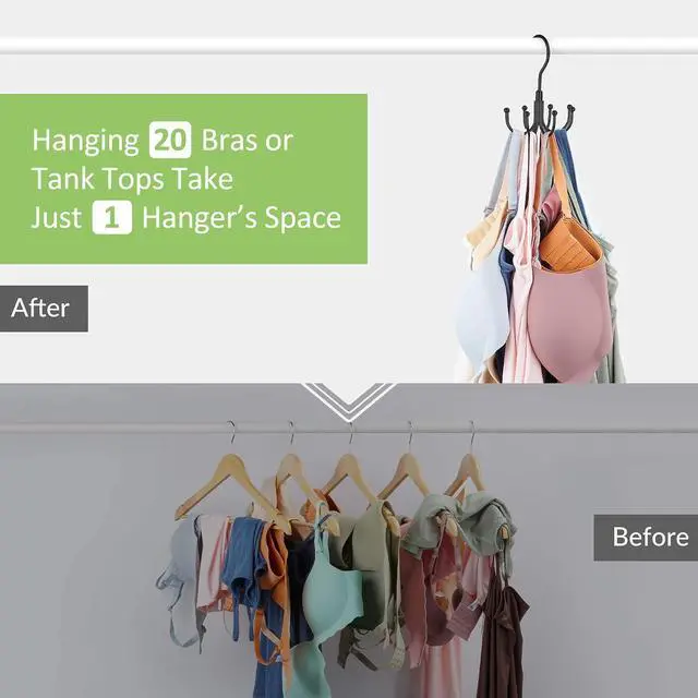Alt view image 3 of 7 - Tank Top Hanger, Rotating Bra Organizer for Closet, Holds 24 Bras, Black | Sturdy Metal Sports Bras Holder with 8 Hooks, Holds Up to 24 Garments, Hanging Space-Saving Closet Organizer and Storage