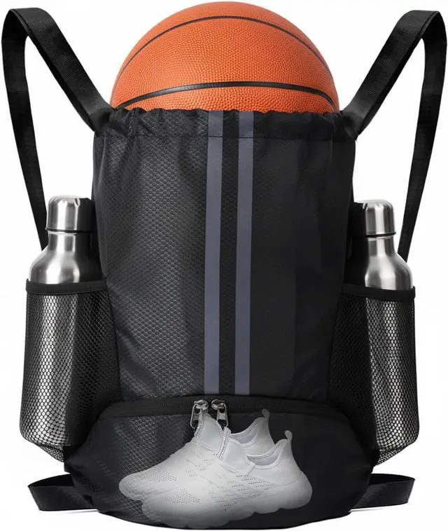 Main image of Sports Drawstring Backpack with Shoes Compartment, String Gym Bag with Wet Proof Pocket for Basketball, Soccer, Swim, Black Sport Bag for Men and Women