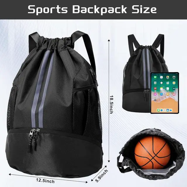 Alt view image 2 of 7 - Sports Drawstring Backpack with Shoes Compartment, String Gym Bag with Wet Proof Pocket for Basketball, Soccer, Swim, Black Sport Bag for Men and Women