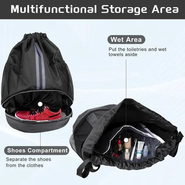 Alt view image 3 of 7 - Sports Drawstring Backpack with Shoes Compartment, String Gym Bag with Wet Proof Pocket for Basketball, Soccer, Swim, Black Sport Bag for Men and Women