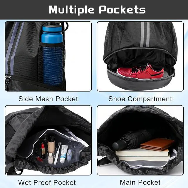 Alt view image 4 of 7 - Sports Drawstring Backpack with Shoes Compartment, String Gym Bag with Wet Proof Pocket for Basketball, Soccer, Swim, Black Sport Bag for Men and Women