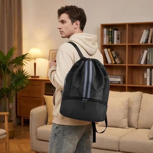 Alt view image 6 of 7 - Sports Drawstring Backpack with Shoes Compartment, String Gym Bag with Wet Proof Pocket for Basketball, Soccer, Swim, Black Sport Bag for Men and Women