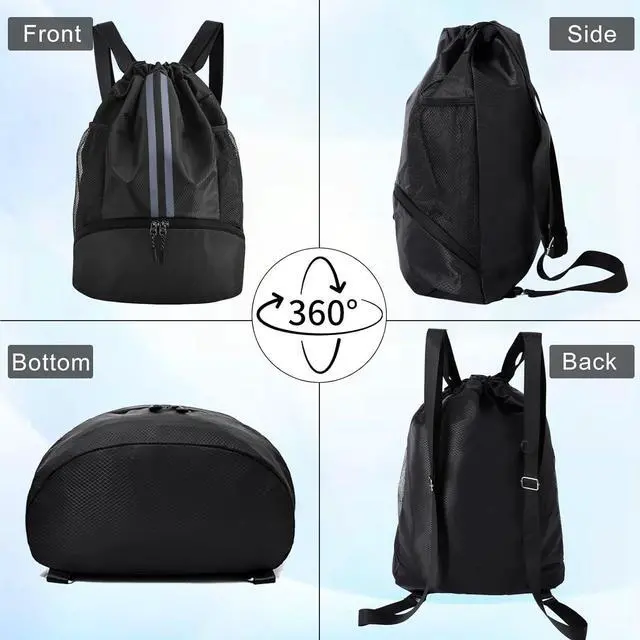 Alt view image 7 of 7 - Sports Drawstring Backpack with Shoes Compartment, String Gym Bag with Wet Proof Pocket for Basketball, Soccer, Swim, Black Sport Bag for Men and Women