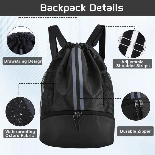 Alt view image 5 of 7 - Sports Drawstring Backpack with Shoes Compartment, String Gym Bag with Wet Proof Pocket for Basketball, Soccer, Swim, Black Sport Bag for Men and Women