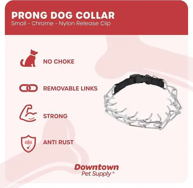 Alt view image 2 of 7 - Downtown Pet Supply Chrome Plated/Nylon Prong Collar for Dogs, Small - Adjustable, No-Choke and No Pull Dog Collar with Removable Links - Pinch Collar for Dogs Under 20 lbs and 14" Neck Width