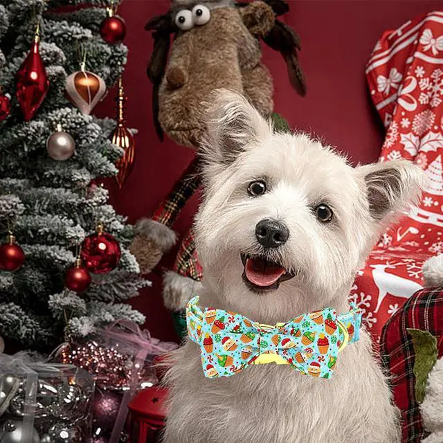 Alt view image 6 of 6 - Dog Collar Christmas Holiday Santa Claus Print Pet Collar Winter Cute Dog Collars with Bow Tie Adjustable Metal Buckle Collar for X-Small Dogs