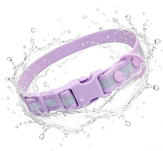 Main image of THAIN Waterproof Reflective Dog Collar PVC Webbing with High Visibility Reflective StripEasy to Clean Perfect for Daily Use & Night Walks for Small Medium Large Dogs (Light Purple, M)