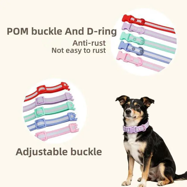 Alt view image 2 of 7 - THAIN Waterproof Reflective Dog Collar PVC Webbing with High Visibility Reflective StripEasy to Clean Perfect for Daily Use & Night Walks for Small Medium Large Dogs (Light Purple, M)