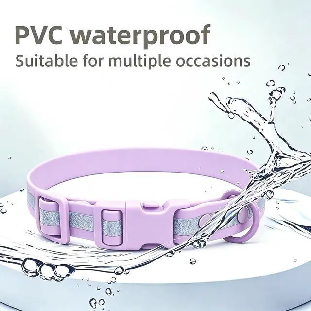 Alt view image 3 of 7 - THAIN Waterproof Reflective Dog Collar PVC Webbing with High Visibility Reflective StripEasy to Clean Perfect for Daily Use & Night Walks for Small Medium Large Dogs (Light Purple, M)