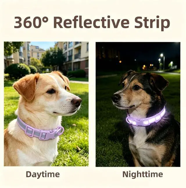 Alt view image 4 of 7 - THAIN Waterproof Reflective Dog Collar PVC Webbing with High Visibility Reflective StripEasy to Clean Perfect for Daily Use & Night Walks for Small Medium Large Dogs (Light Purple, M)