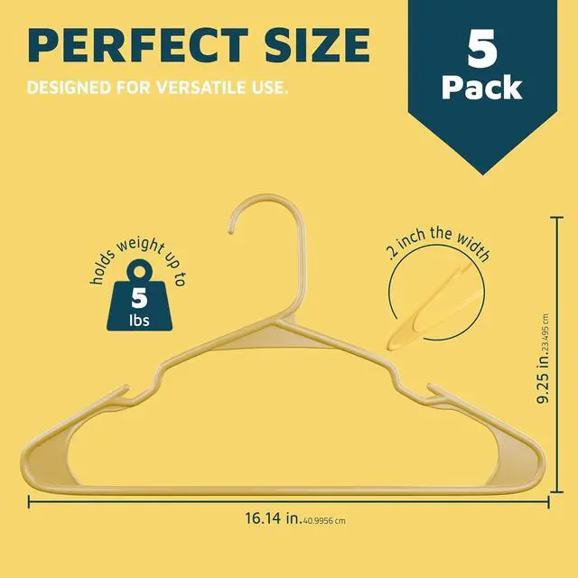 Alt view image 2 of 7 - Lifemaster Plastic Clothes Hangers Heavy Duty Hanger Set, for Organizing Clothes, Dresses, and Coat, Holds Up to 5 lbs, Space-Saving Hangers with Non-Slip Shoulder Grooves, Pack of 5, Yellow