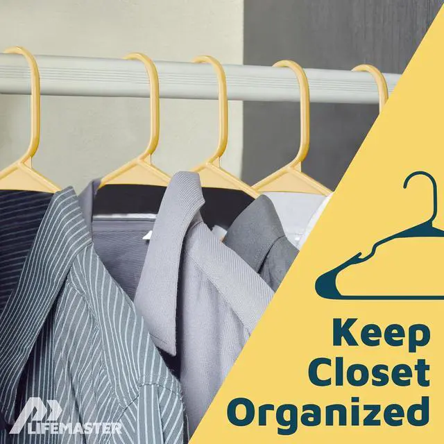 Alt view image 5 of 7 - Lifemaster Plastic Clothes Hangers Heavy Duty Hanger Set, for Organizing Clothes, Dresses, and Coat, Holds Up to 5 lbs, Space-Saving Hangers with Non-Slip Shoulder Grooves, Pack of 5, Yellow