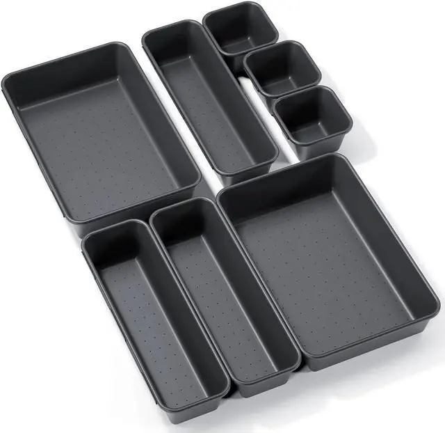 Main image of Kutesna 8PCS Plastic Interlocking Drawer Organizer, 3 Sizes Desk Organizer | Versatile Storage Trays, Versatile Plastic Storage Bins for Makeup Vanity, Jewelries, Kitchen Utensils, Bathroom and Office