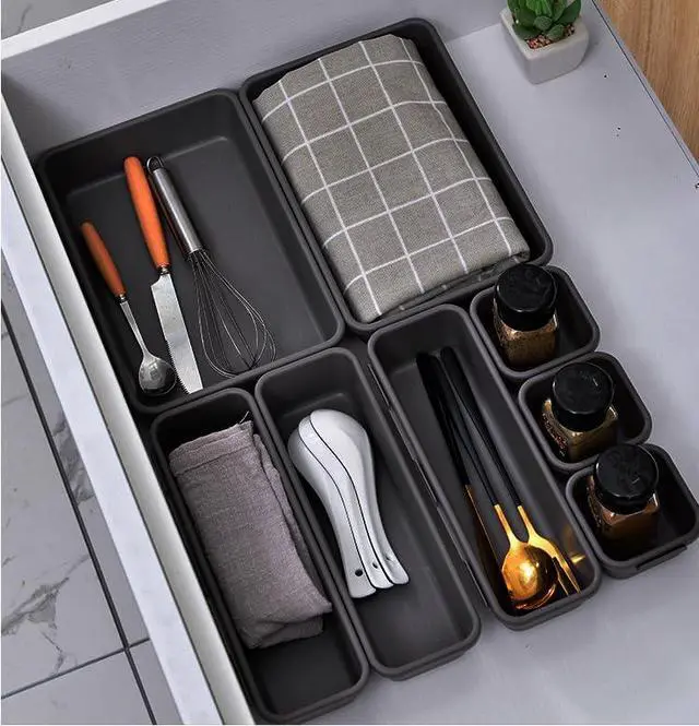 Alt view image 5 of 6 - Kutesna 8PCS Plastic Interlocking Drawer Organizer, 3 Sizes Desk Organizer | Versatile Storage Trays, Versatile Plastic Storage Bins for Makeup Vanity, Jewelries, Kitchen Utensils, Bathroom and Office