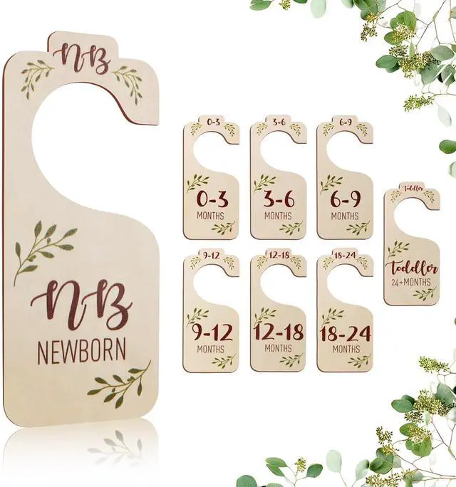 Main image of Baby Closet Dividers for Clothes Organizer - 8 PCS Adorable Wooden Double-Sided Baby Clothes Size Hanger Organizer from Newborn to Toddler for Nursery Decor