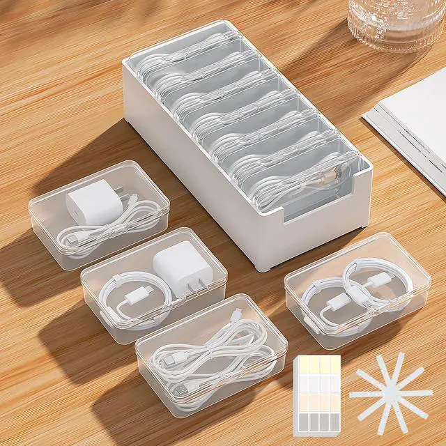 Main image of 7 Case Cable Storage Box with Cable Straps and Label Stickers, Travel Cord Organizer for Charging Cables, USB Wires, Earphones Drawer Organization for Home & Office (7 Cases + 7 Cable Straps)