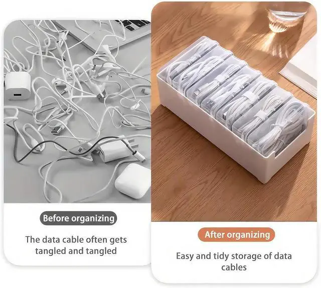 Alt view image 2 of 7 - 7 Grid Clear Cable Organizer Box with Switch for Desktop Cord Storage | Office desktop use, home wire sorting, stationery storage, detachable dividers, tidy cable arrangement
