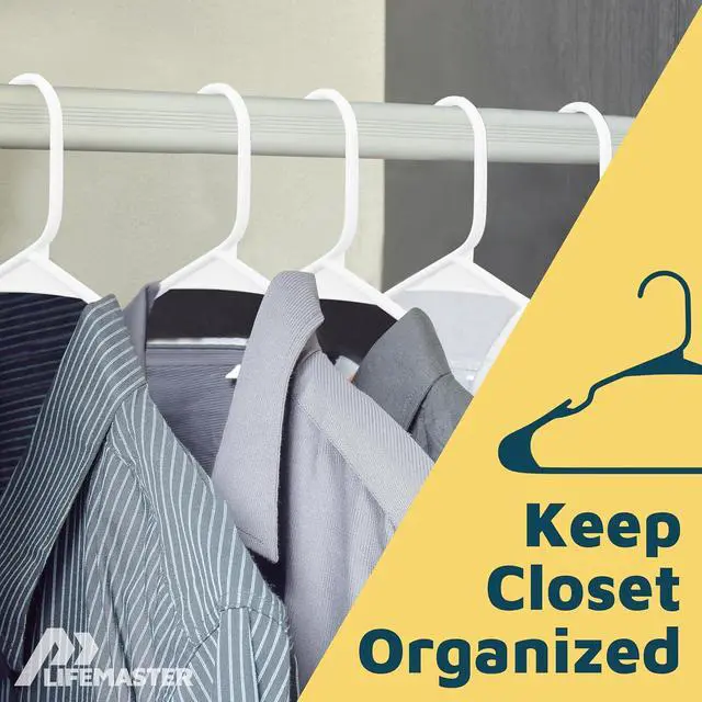 Alt view image 5 of 7 - Lifemaster Plastic Clothes Hangers Heavy Duty Hanger Set, for Organizing Clothes, Dresses, and Coat, Holds Up to 5 lbs, Space-Saving Hangers with Non-Slip Shoulder Grooves, Pack of 10, White