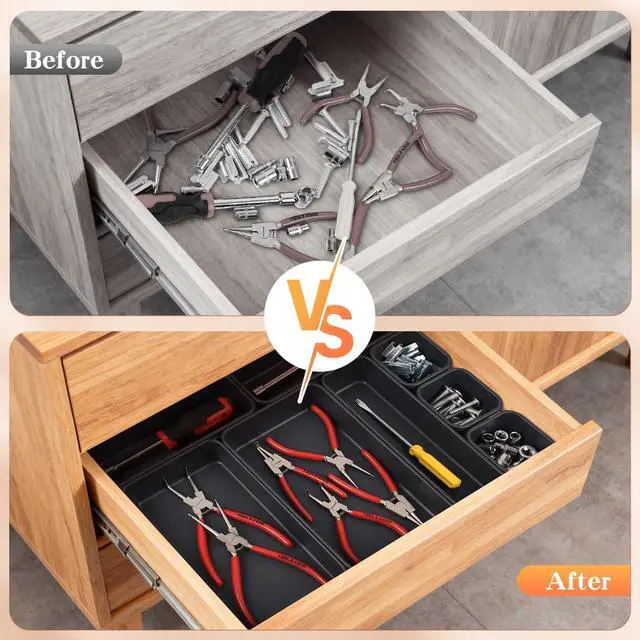 Alt view image 3 of 6 - Kutesna 8PCS Plastic Interlocking Drawer Organizer, 3 Sizes Desk Organizer | Versatile Storage Trays, Versatile Plastic Storage Bins for Makeup Vanity, Jewelries, Kitchen Utensils, Bathroom and Office