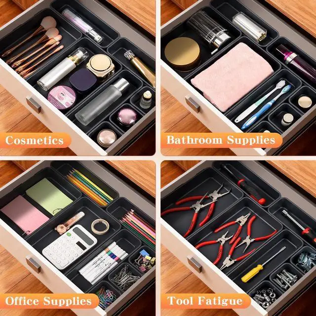 Alt view image 4 of 6 - Kutesna 8PCS Plastic Interlocking Drawer Organizer, 3 Sizes Desk Organizer | Versatile Storage Trays, Versatile Plastic Storage Bins for Makeup Vanity, Jewelries, Kitchen Utensils, Bathroom and Office