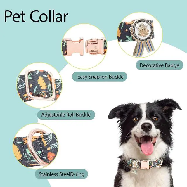 Alt view image 3 of 7 - Metal Buckle Dog Collar with Dedals, 3-Size Comfortable Adjustable Cotton Dog Collar for Small, Medium, Large Male Female Dogs (Foliage, L(15-23in))