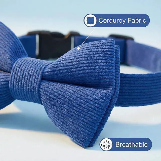 Alt view image 4 of 6 - THAIN Dog Collar with Bow Tie Corduroy,Soft,Breathable&Adjustable Quick Release Plastic Buckle Dog Collars for Small Medium Large Dogs Pets (Blue, S)
