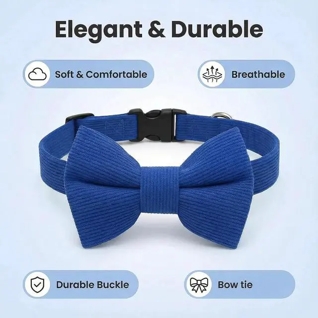 Alt view image 2 of 6 - THAIN Dog Collar with Bow Tie Corduroy,Soft,Breathable&Adjustable Quick Release Plastic Buckle Dog Collars for Small Medium Large Dogs Pets (Blue, S)