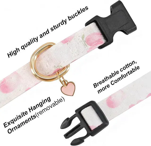 Alt view image 2 of 7 - Handmade Cotton Dog Collar with Unique Patterns, White and Pink Love Heart Design and Pendant for Puppies