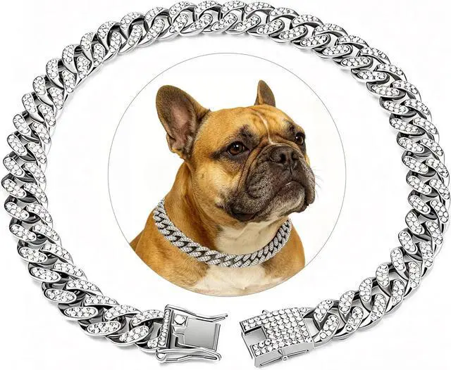 Main image of Cuban Link Dog Collar, 13mm Wide 18K Gold Plated Miami Cuban Dog Necklace with Cubic Zirconia, Bling Pet Collar for Small Medium Large Dogs, for Walking Training and Parties (Silvery, 8, Inches)