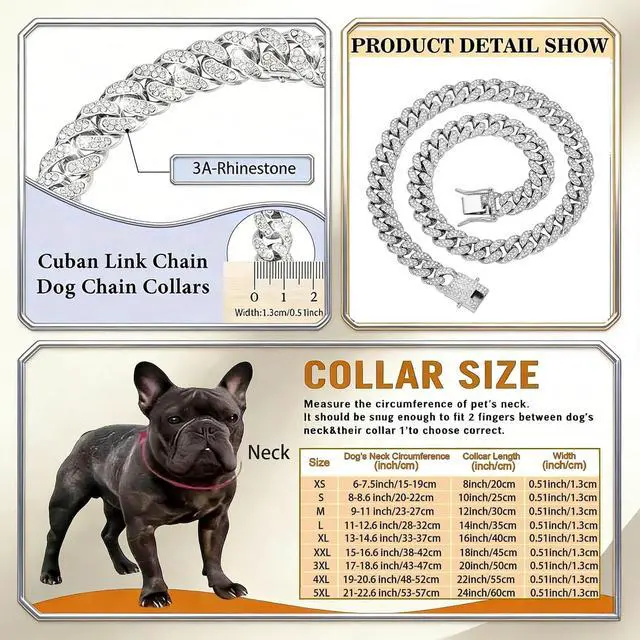 Alt view image 4 of 7 - Cuban Link Dog Collar, 13mm Wide 18K Gold Plated Miami Cuban Dog Necklace with Cubic Zirconia, Bling Pet Collar for Small Medium Large Dogs, for Walking Training and Parties (Silvery, 8, Inches)