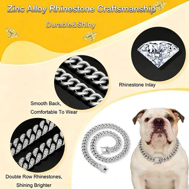 Alt view image 5 of 7 - Cuban Link Dog Collar, 13mm Wide 18K Gold Plated Miami Cuban Dog Necklace with Cubic Zirconia, Bling Pet Collar for Small Medium Large Dogs, for Walking Training and Parties (Silvery, 8, Inches)