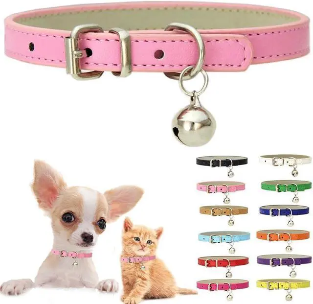 Main image of Pink XXS Kitten Cat Collar with Bell, Leather XS Puppy Dog Collars XX-Small | Soft Adjustable Buckle for XS Extra Small Medium Tiny Female Girl Pets Dogs Kitten Teacup Yorkie Chihuahua