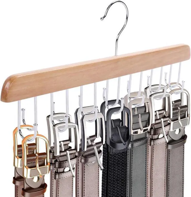 Main image of JOHOUSE Belt Organizer for Closet Max 42 Belts, Wooden Sports Bra Hanger Tie Rack with 14 Hooks for Men Women Tank Top, Scarf Closet Storage
